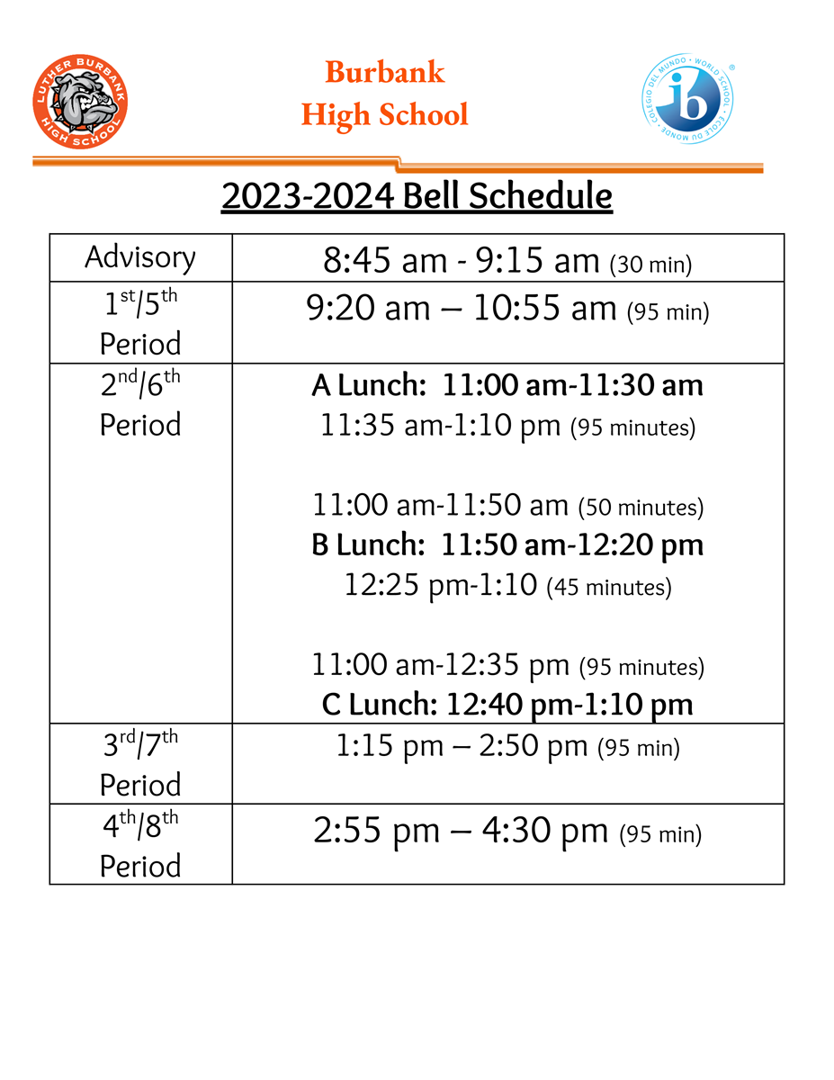 Bell schedule for 23-24 school year